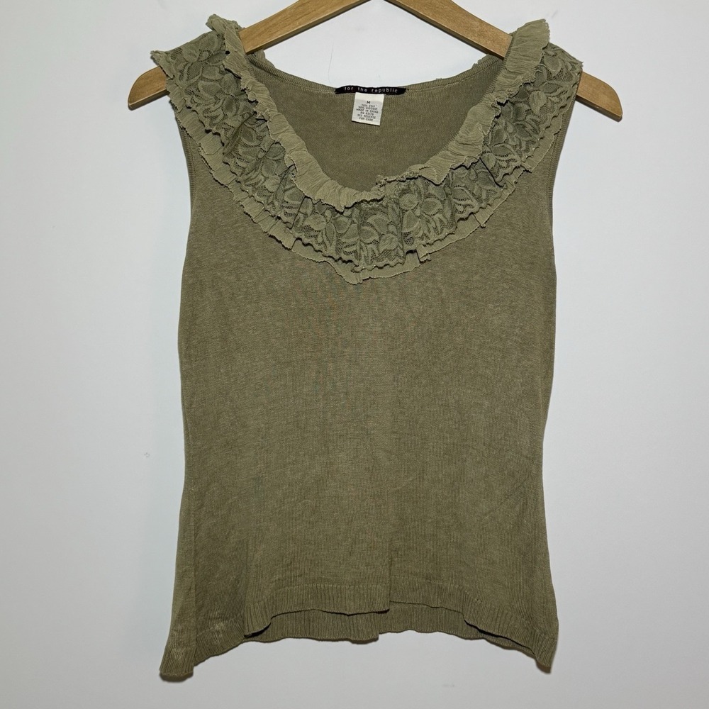 Y2K Silk Sleeveless Top Olive Green Tank Ruffle Lace Neck Cottagecore Feminine‎